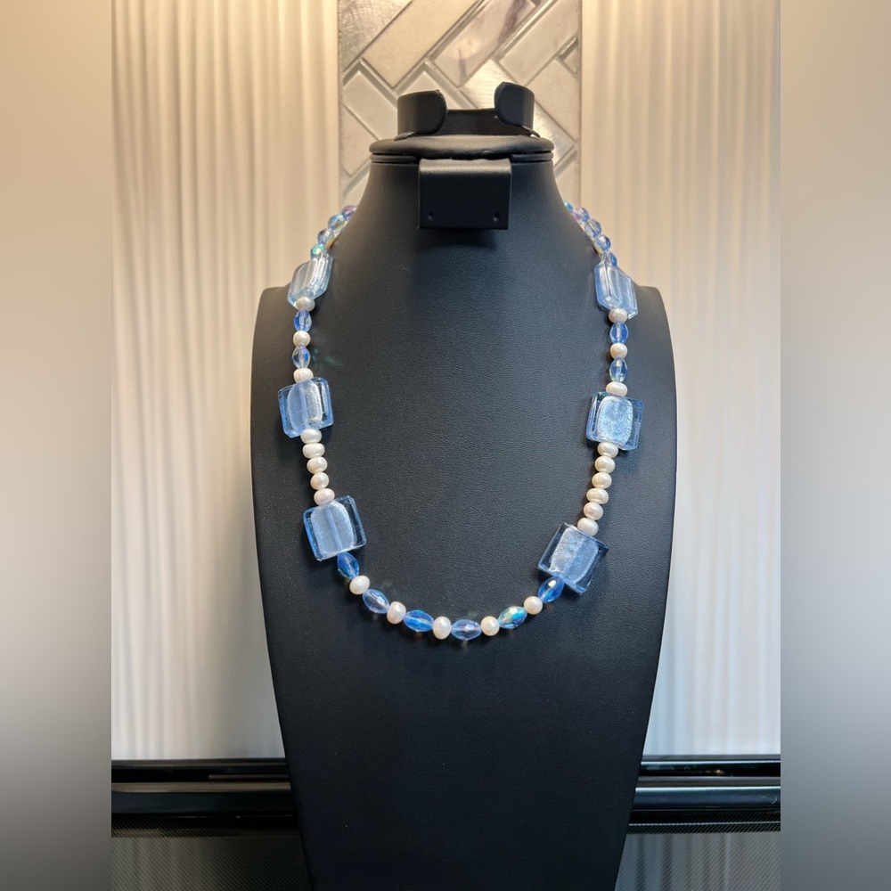 Vintage Blue Glass Bead and Real Pearl Necklace